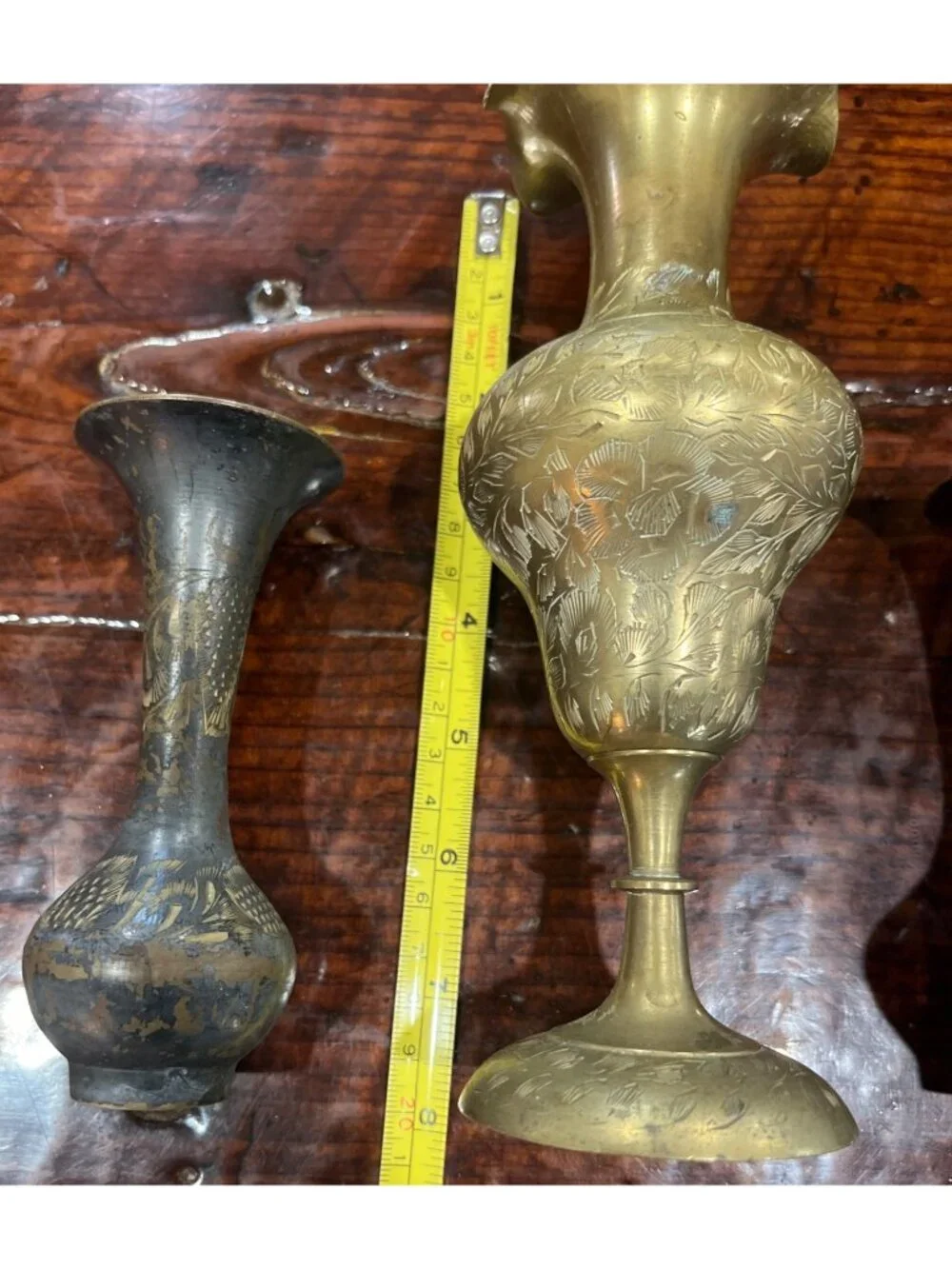 Lot Of 3 Vintage Brass Engraved Decorative Vases With Floral Patterns
